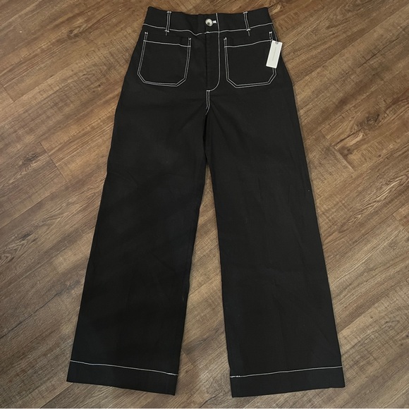 Anthropologie Maeve The Colette Pants Black Contrast Stitch Edition Wide Leg - Picture 7 of 13